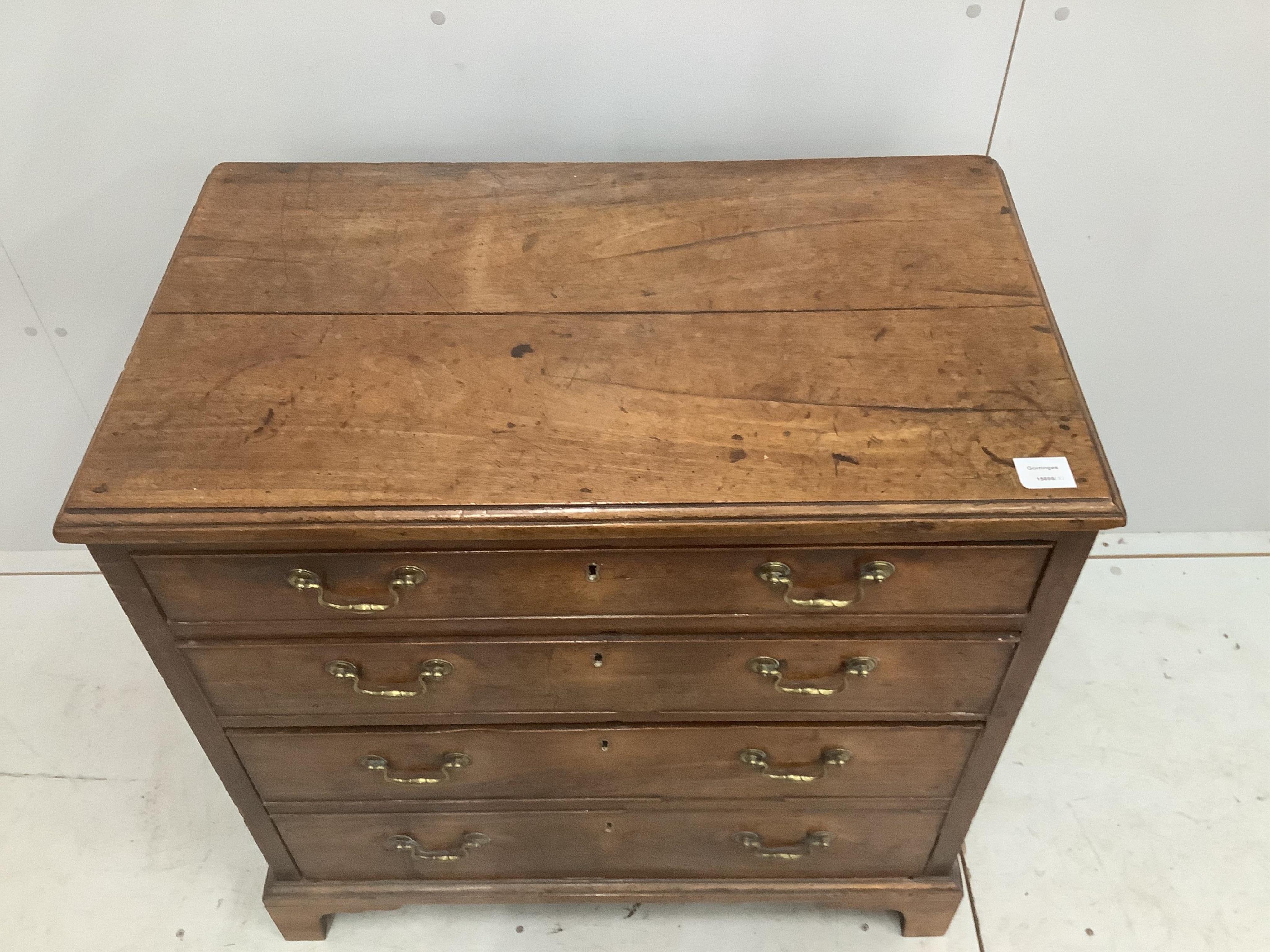 A George III mahogany four drawer chest, width 82cm, depth 48cm, height 82cm. Condition - poor to fair